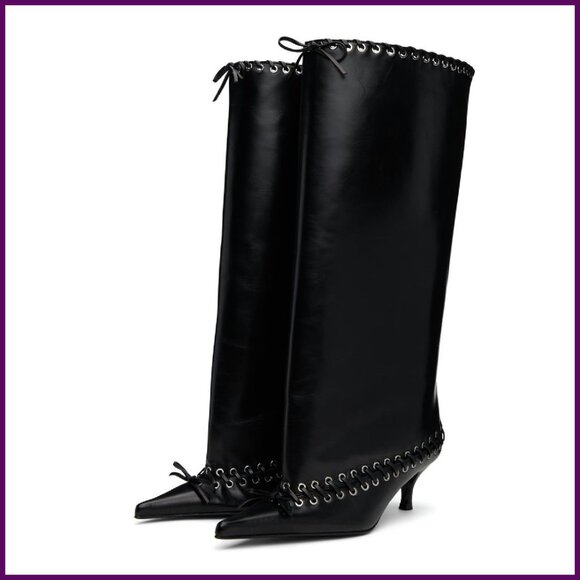 Shoes - Metal Eyelet Pointed Toe Knee High Boots Wide Calf Kitten Heel Lace Up
